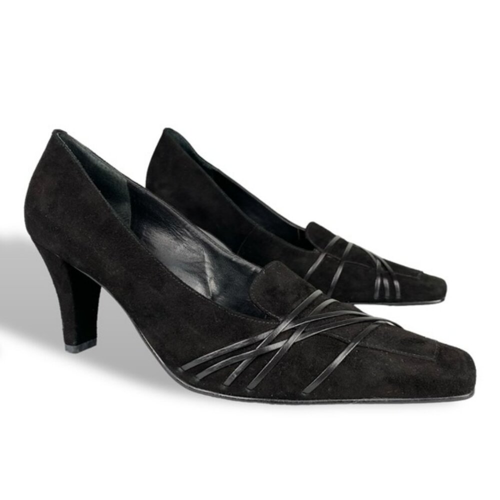Werner Black Suede Brazilian Leather Square Toe Loafer Strap Pump Heel Sz 7.5